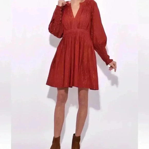 NWOT ULLA JOHNSON Metallic Cotton Long Sleeve Red Ruby Rory Dress Pockets Size 6 - Picture 11 of 14